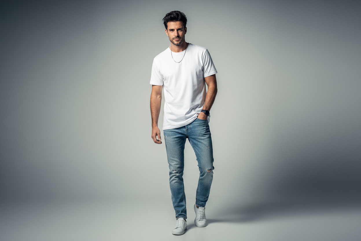 HOMBRE MODELANDO CAMISETA EN COLOR BLANCO HOMBRE COOL